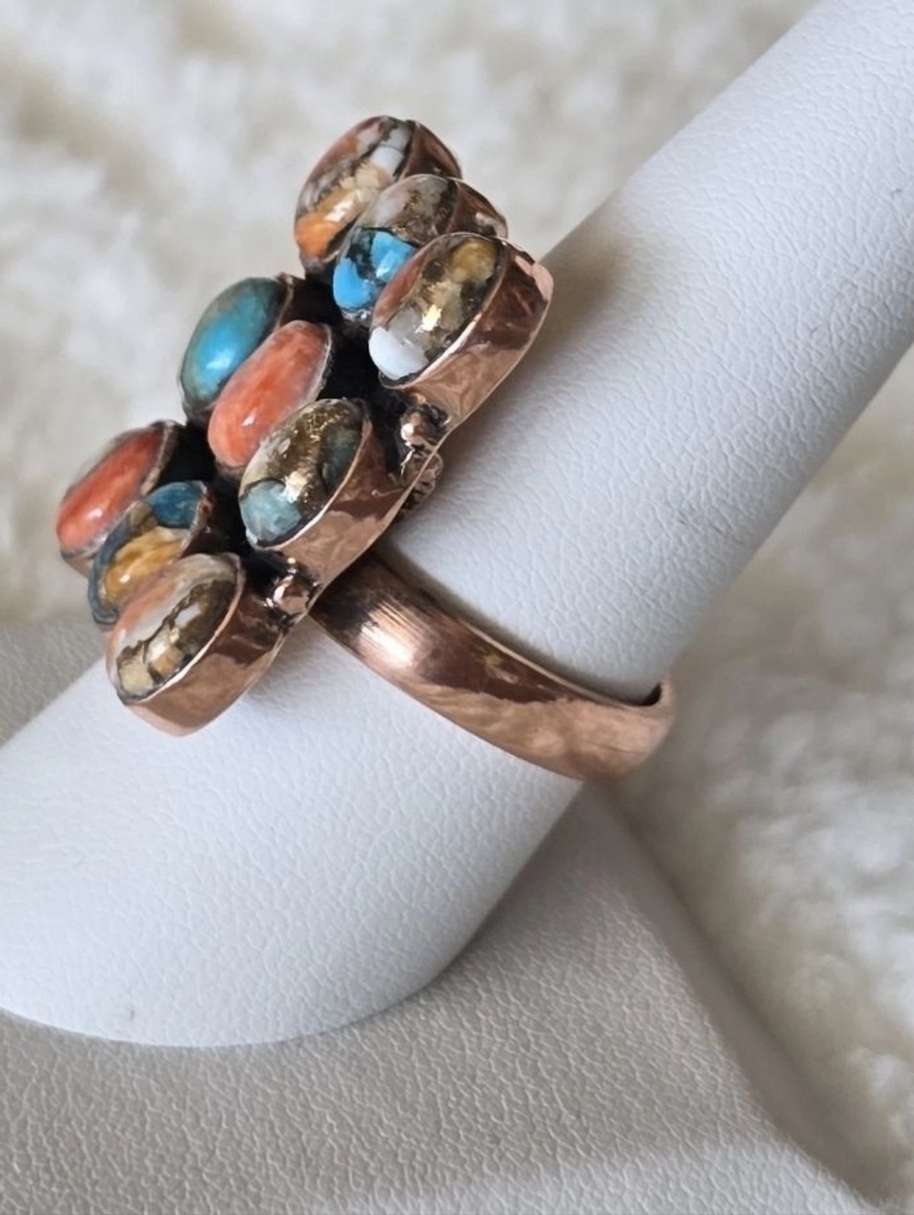 Spiney Oyster Turquoise Square Grid Pattern Ring In Copper, Southwestern - Picture 2 of 3